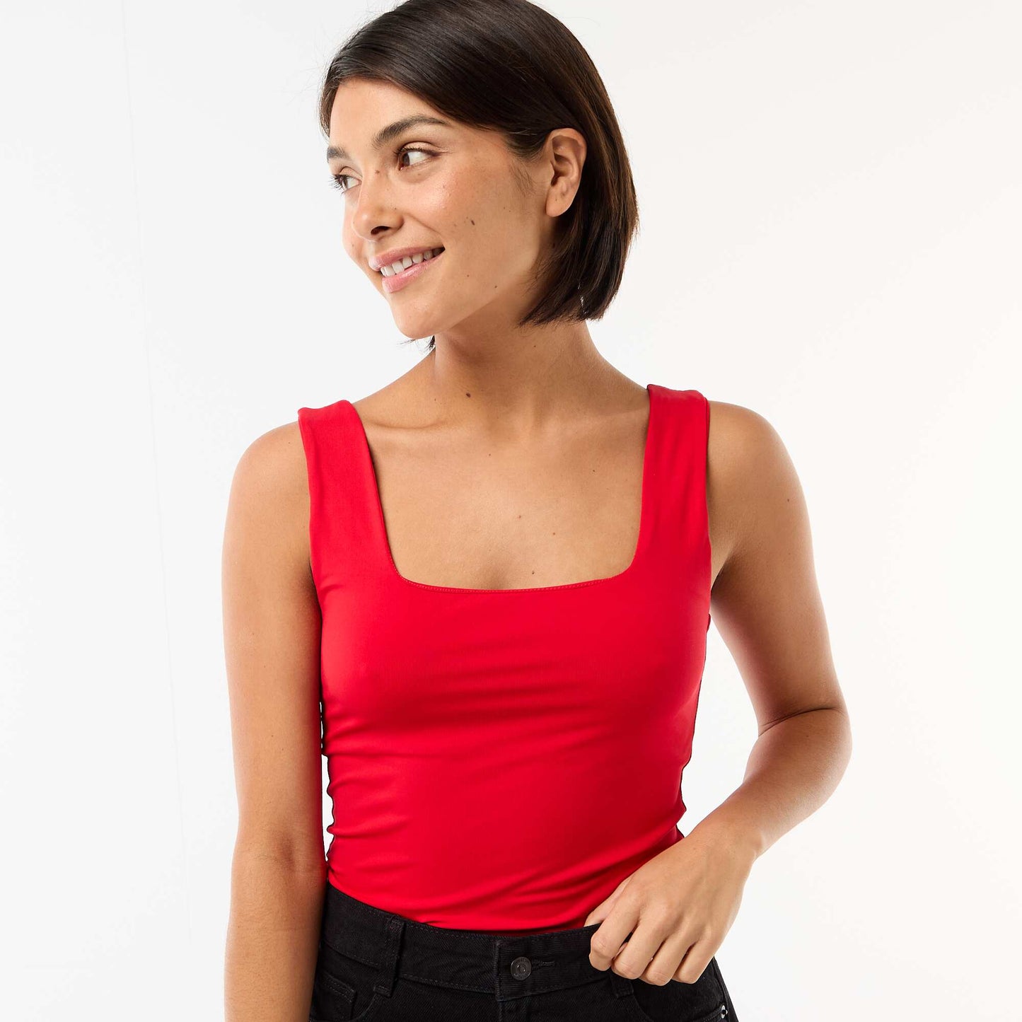 T-shirt stretch à col carré ROUGE