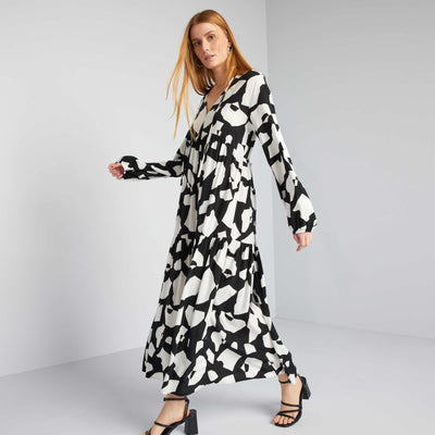 Robe midi imprim col tunisien Noir