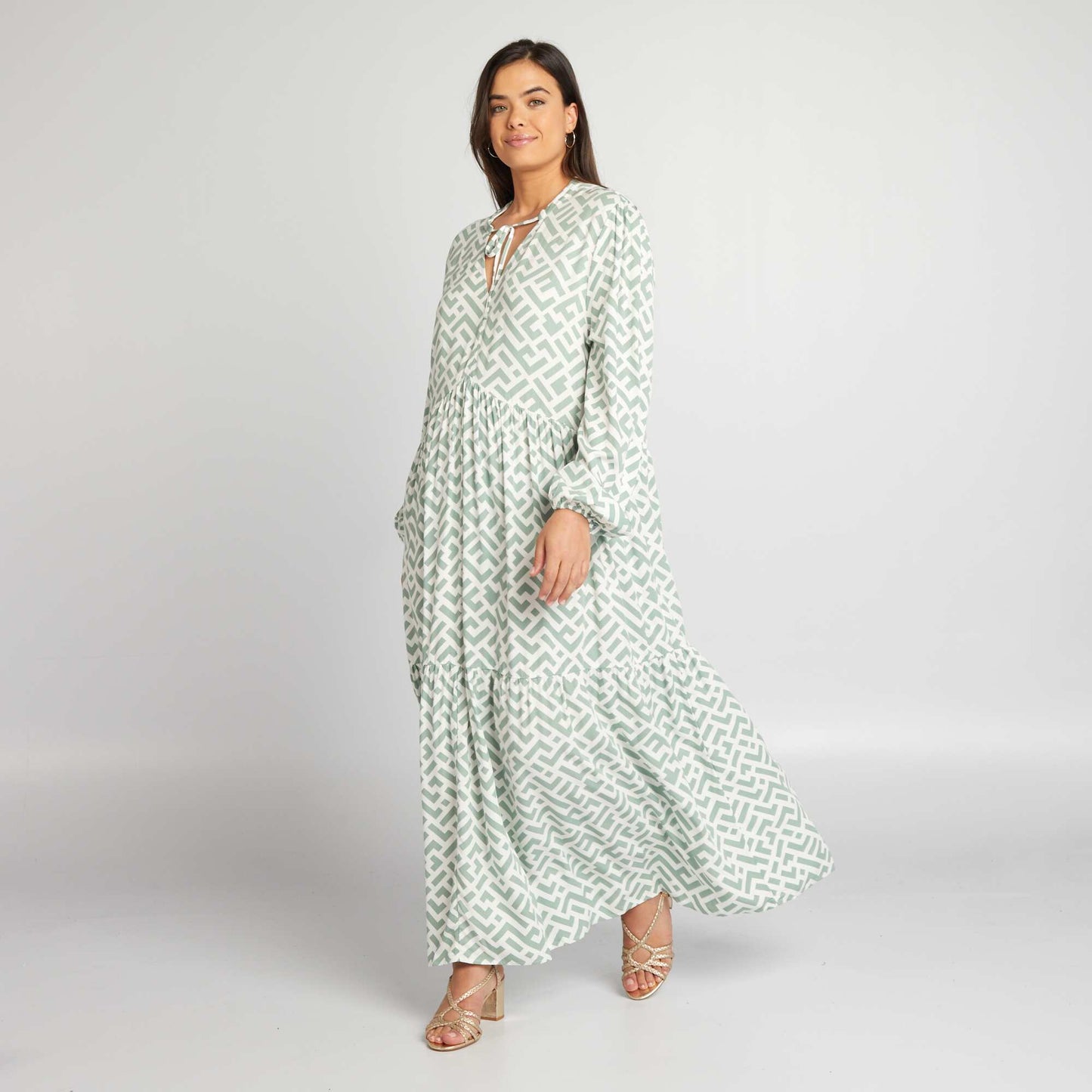 Robe longue à étages avec imprimé Vert