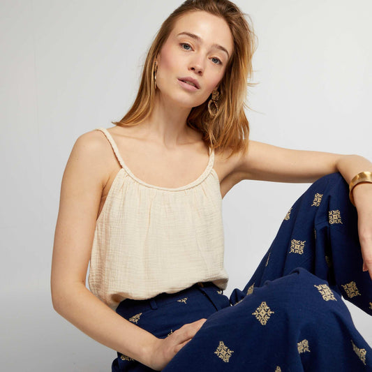 Top en gaze de coton bretelles tress es Beige