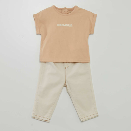 Ensemble tee-shirt + pantalon paperbag Beige