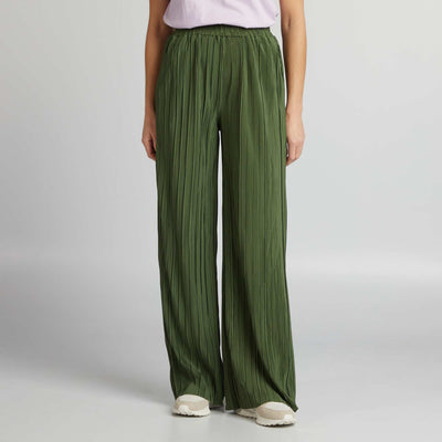 Pantalon en maille pliss e taille lastiqu e Vert