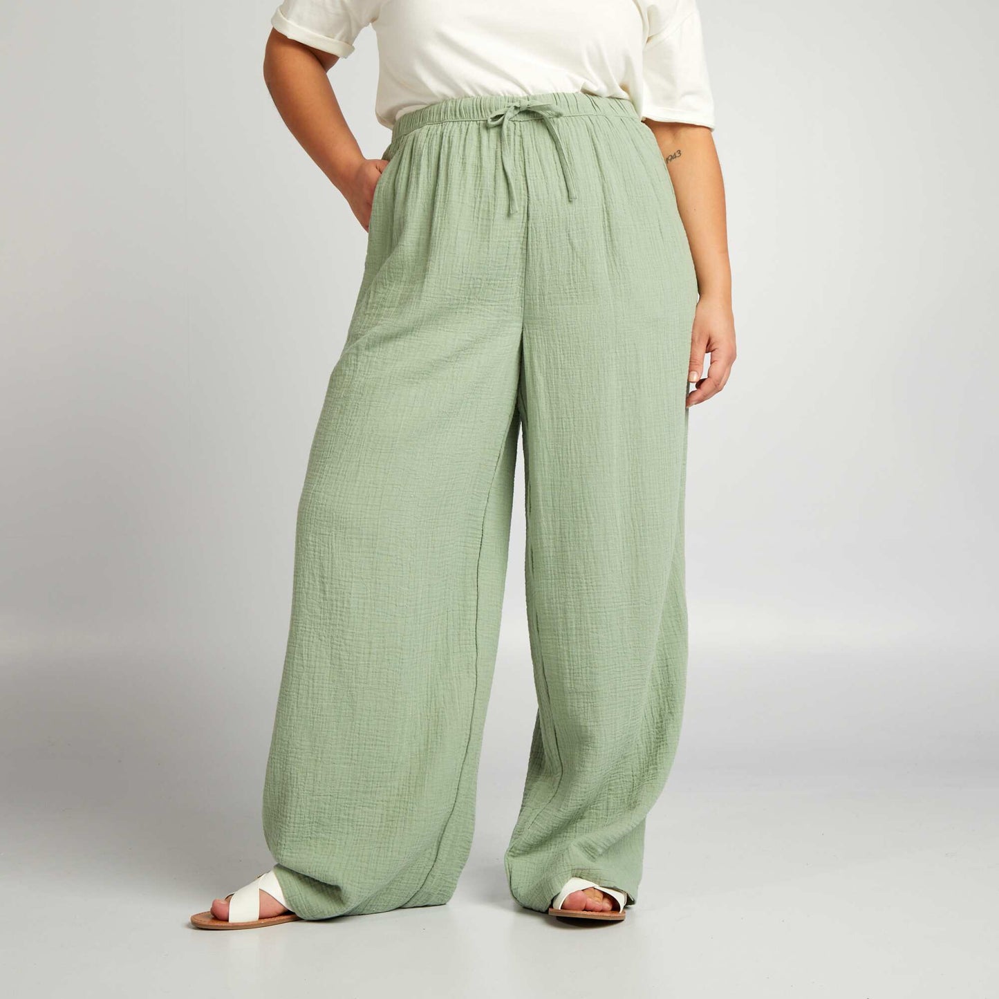 Pantalon large en gaze de coton Vert