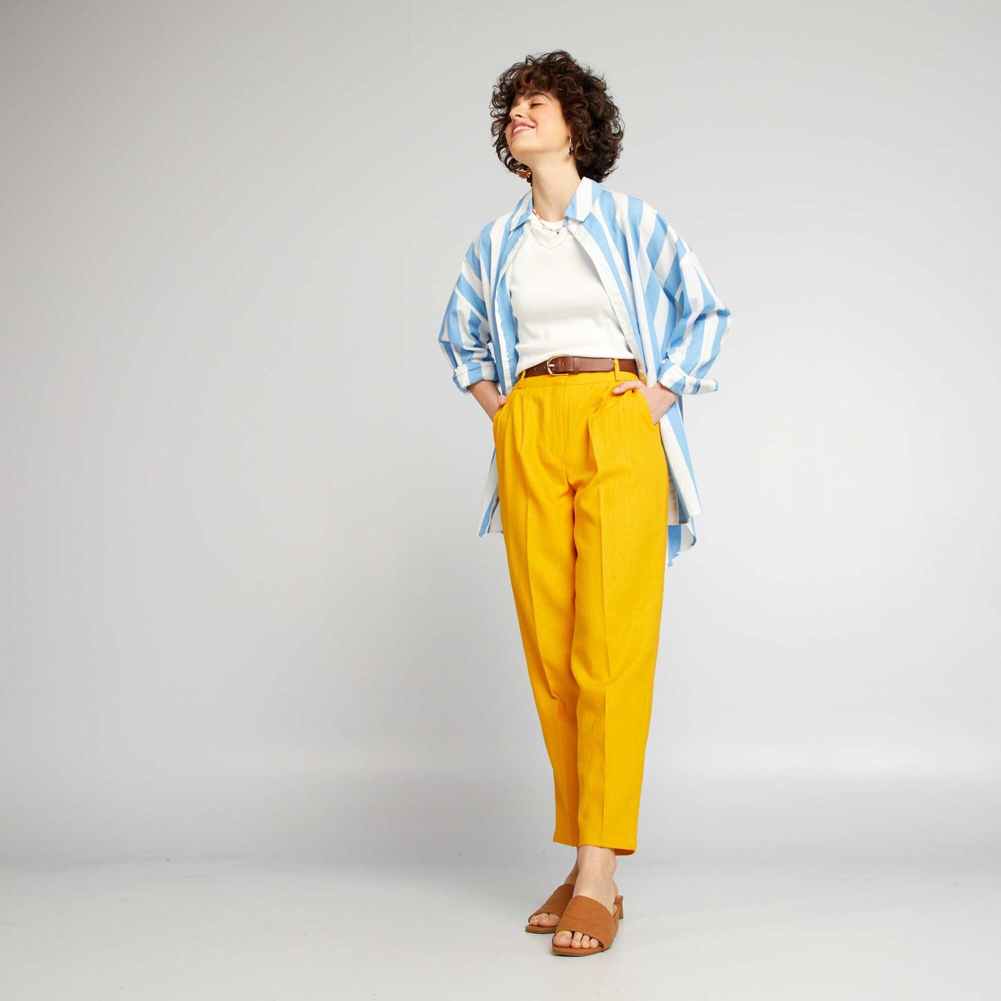 Pantalon cigarette en lin Jaune moutarde