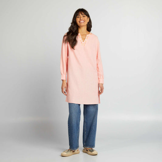 Blouse longue en lin avec col tunisien Rose