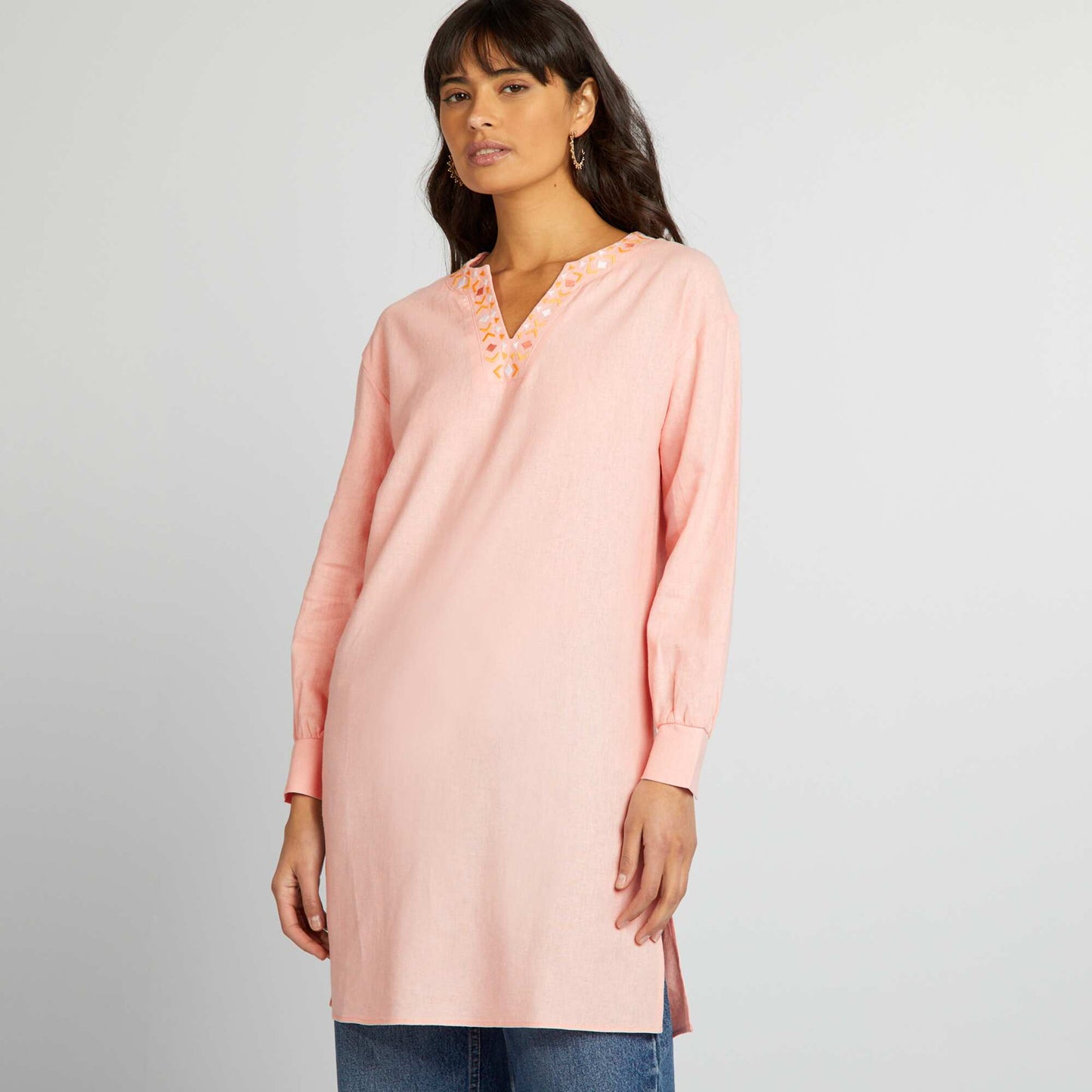 Blouse longue en lin avec col tunisien Rose