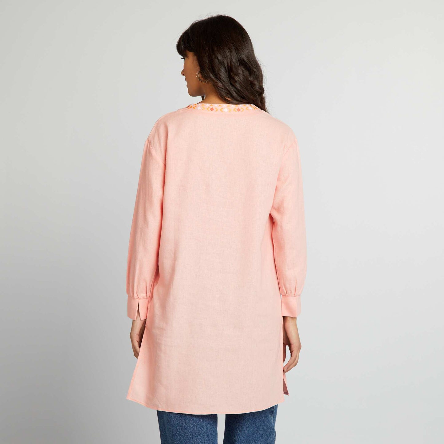 Blouse longue en lin avec col tunisien Rose