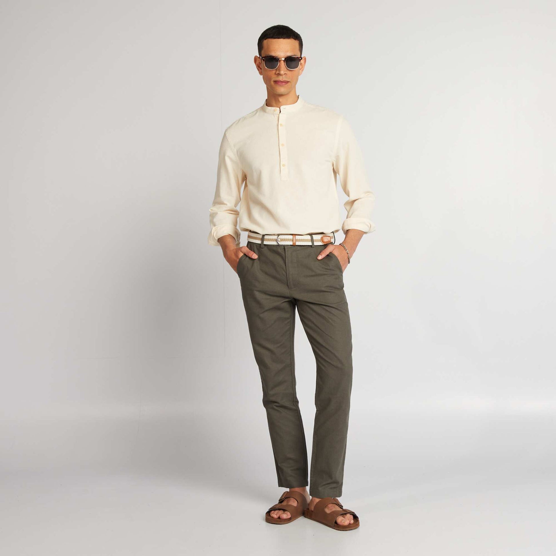 Pantalon chino coupe slim en lin m lang Kaki