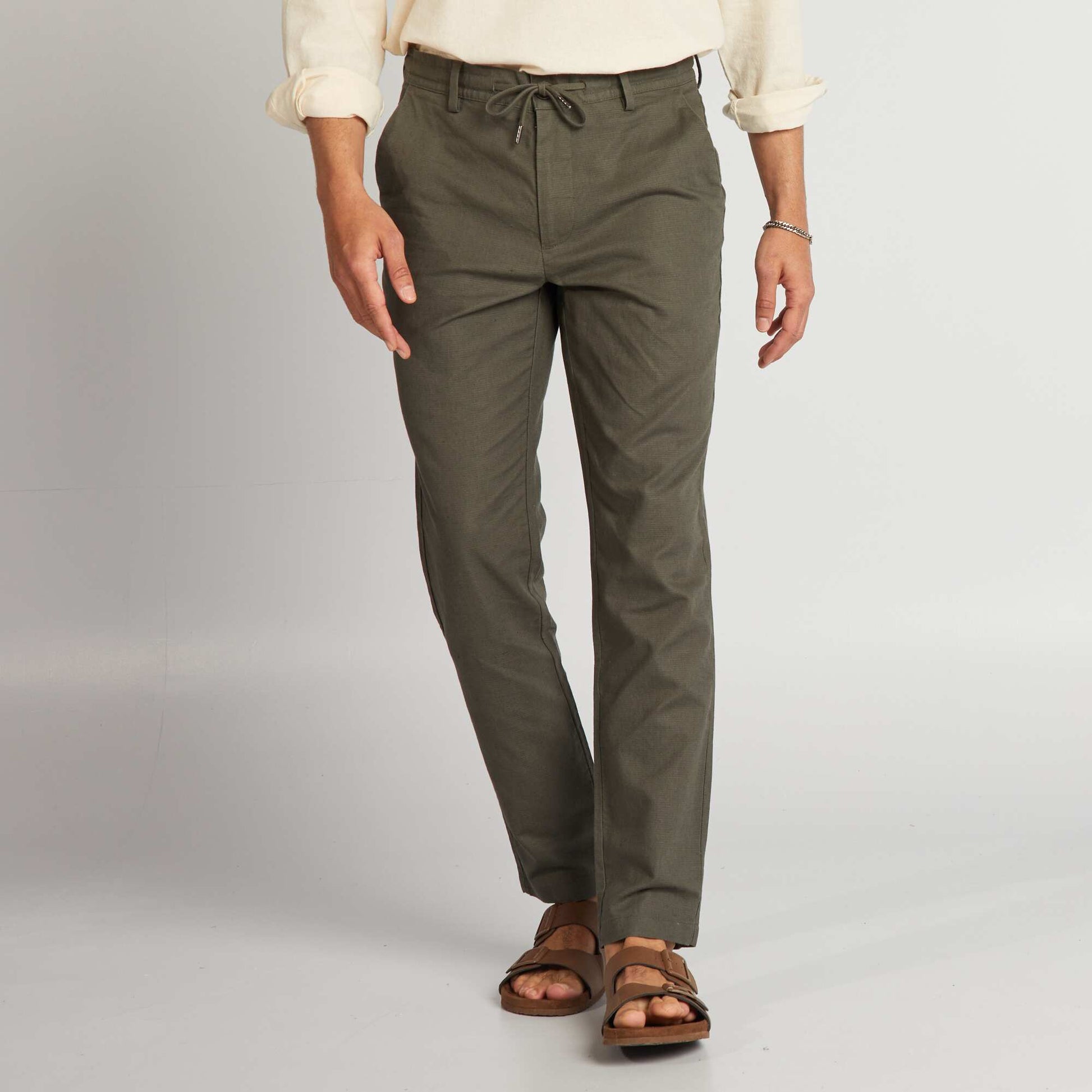 Pantalon chino coupe slim en lin m lang Kaki