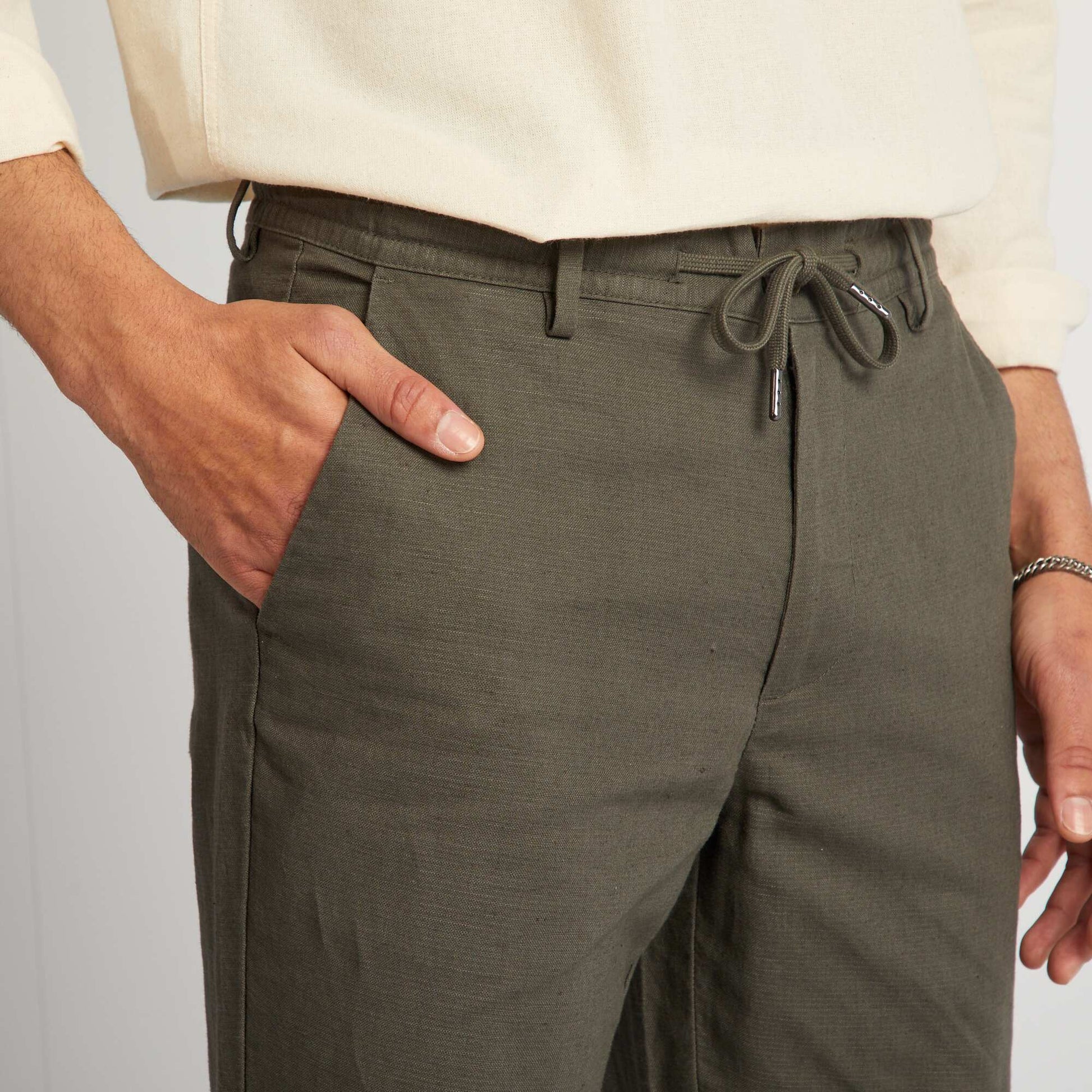 Pantalon chino coupe slim en lin m lang Kaki