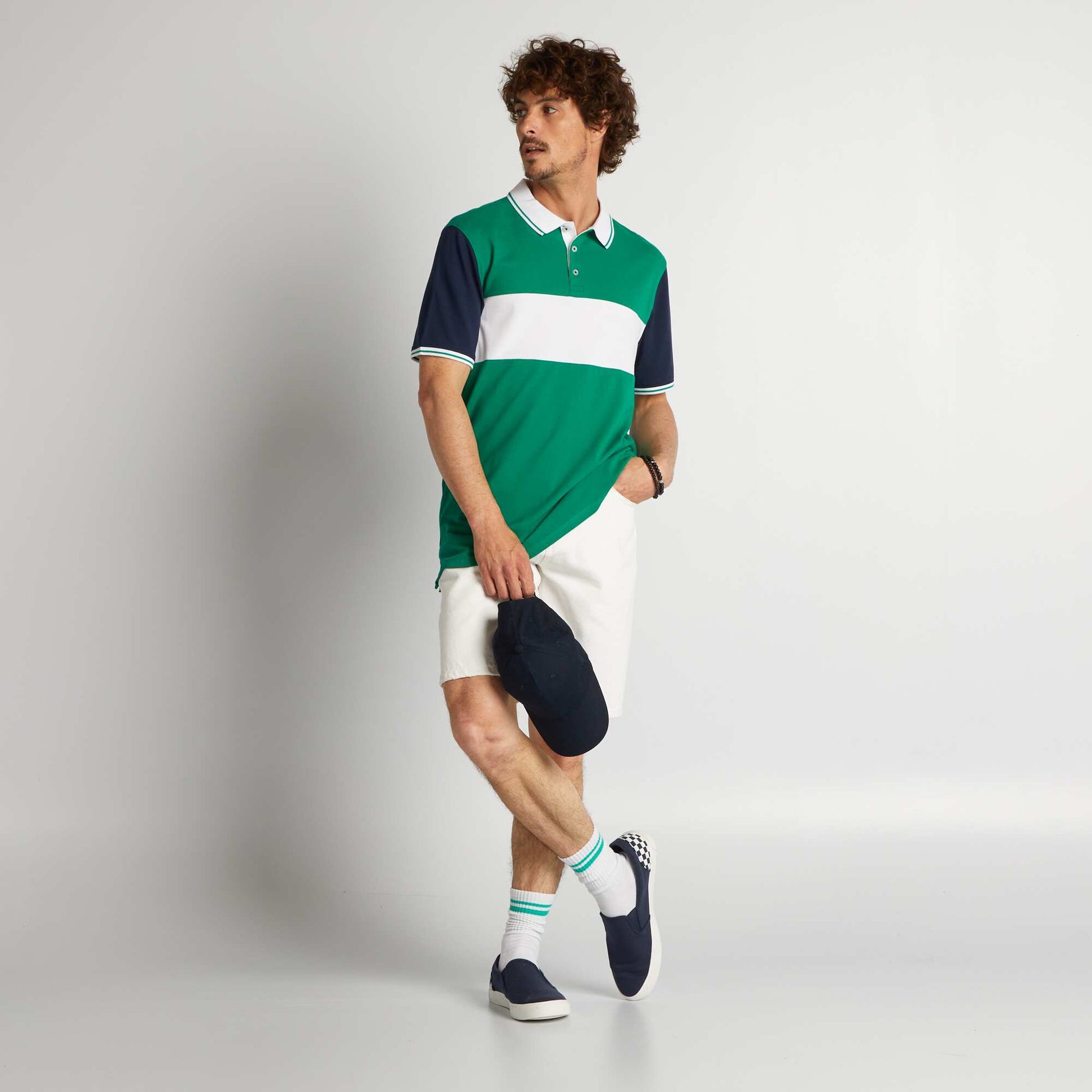 Polo color block en piqu de coton Vert