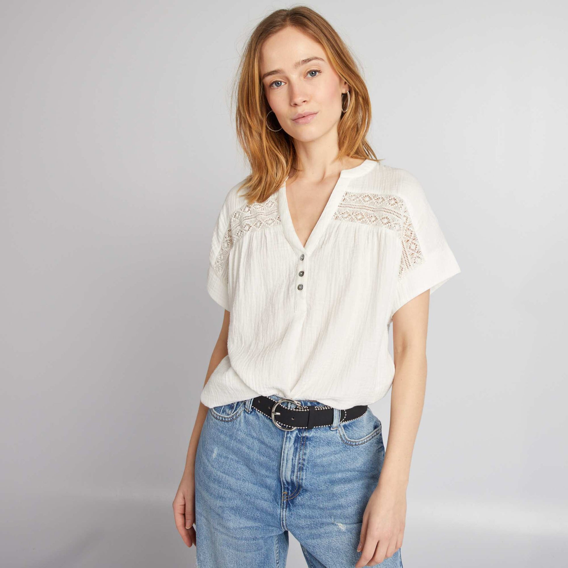Blouse manches courtes en gaze de coton blanc