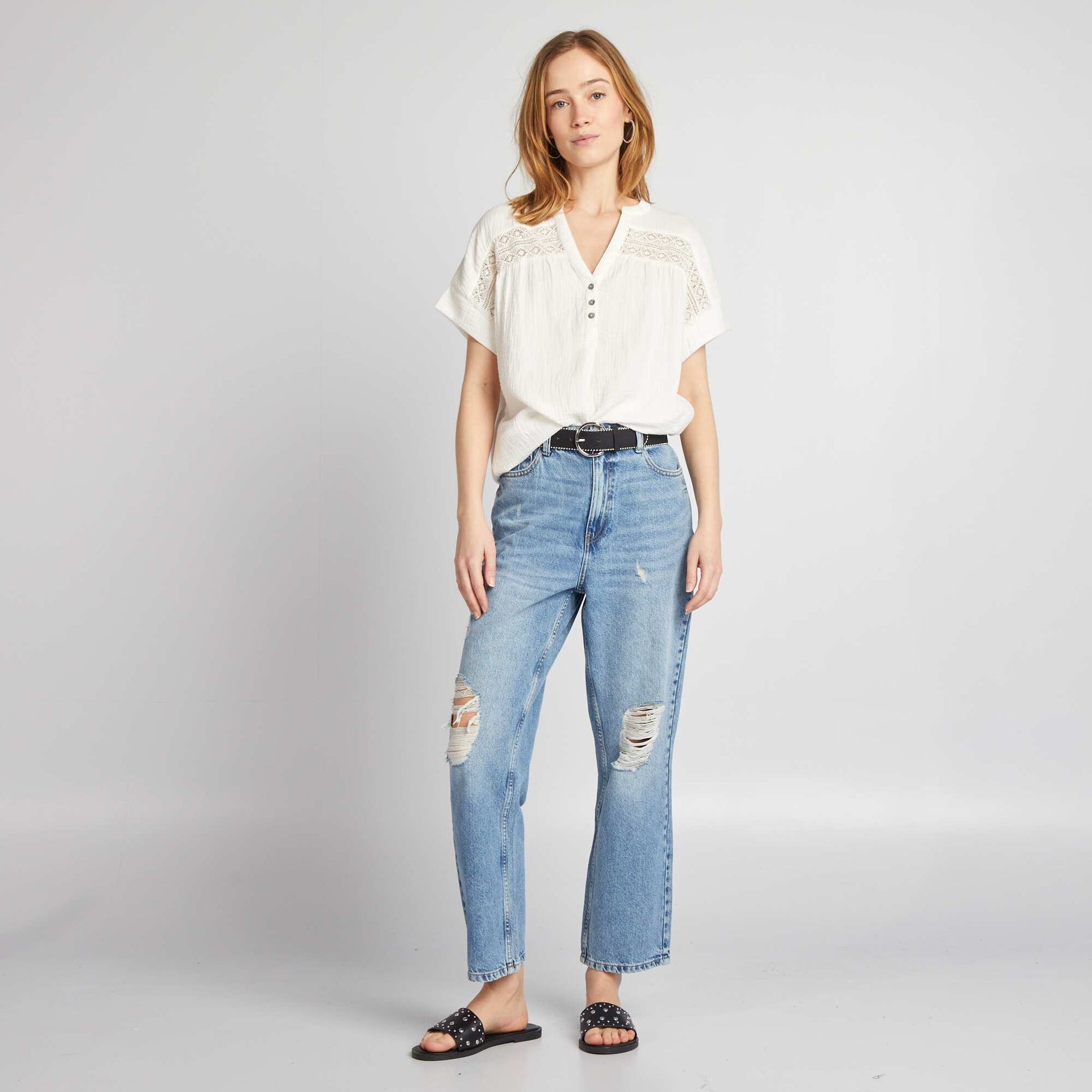 Blouse manches courtes en gaze de coton blanc