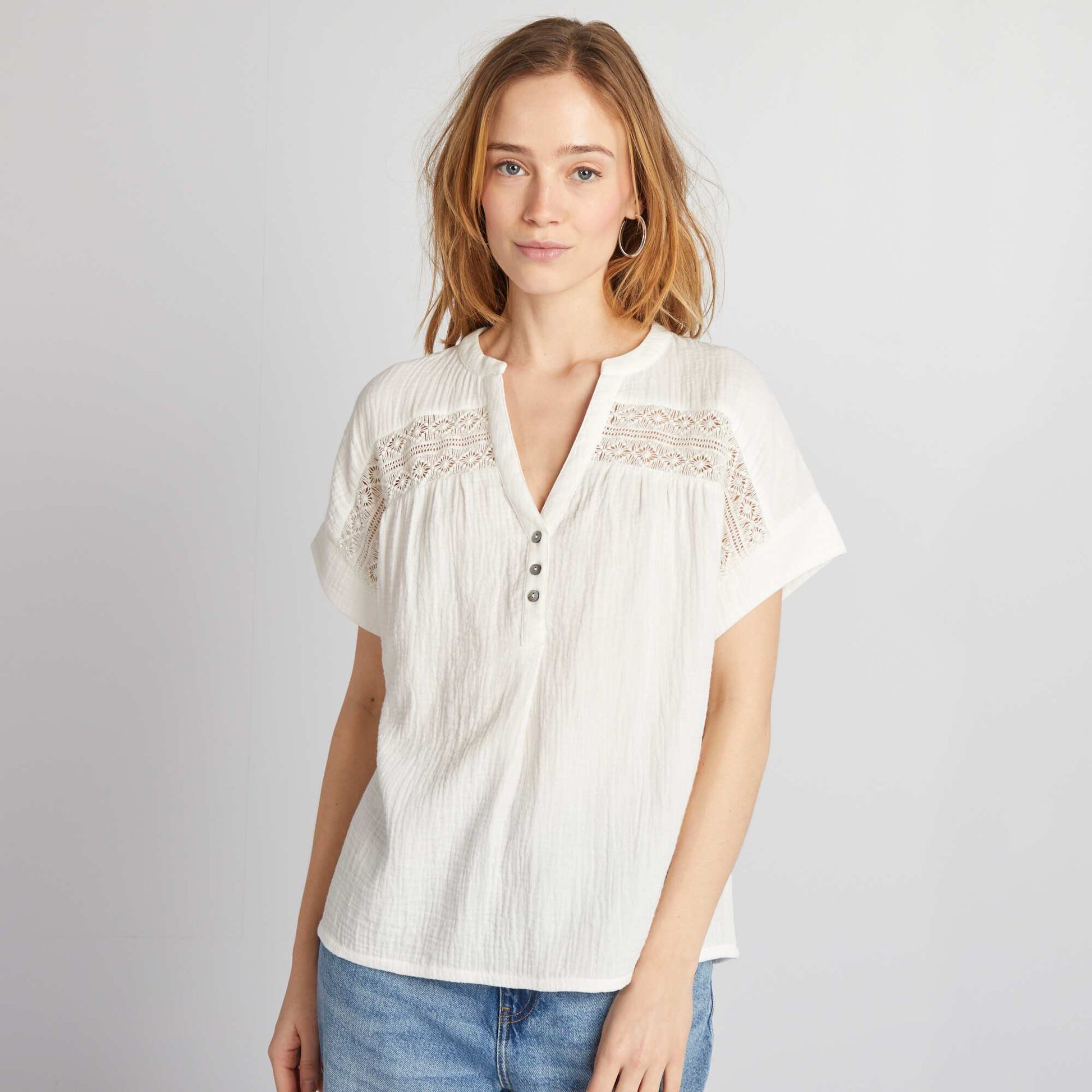 Blouse manches courtes en gaze de coton blanc