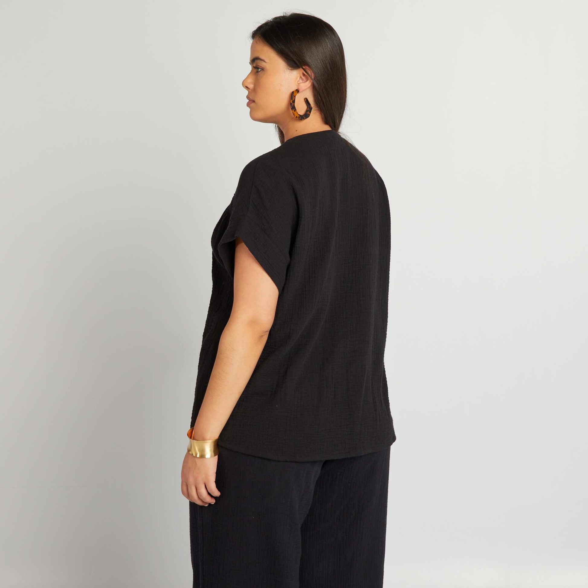 Blouse en gaze de coton manches courtes noir