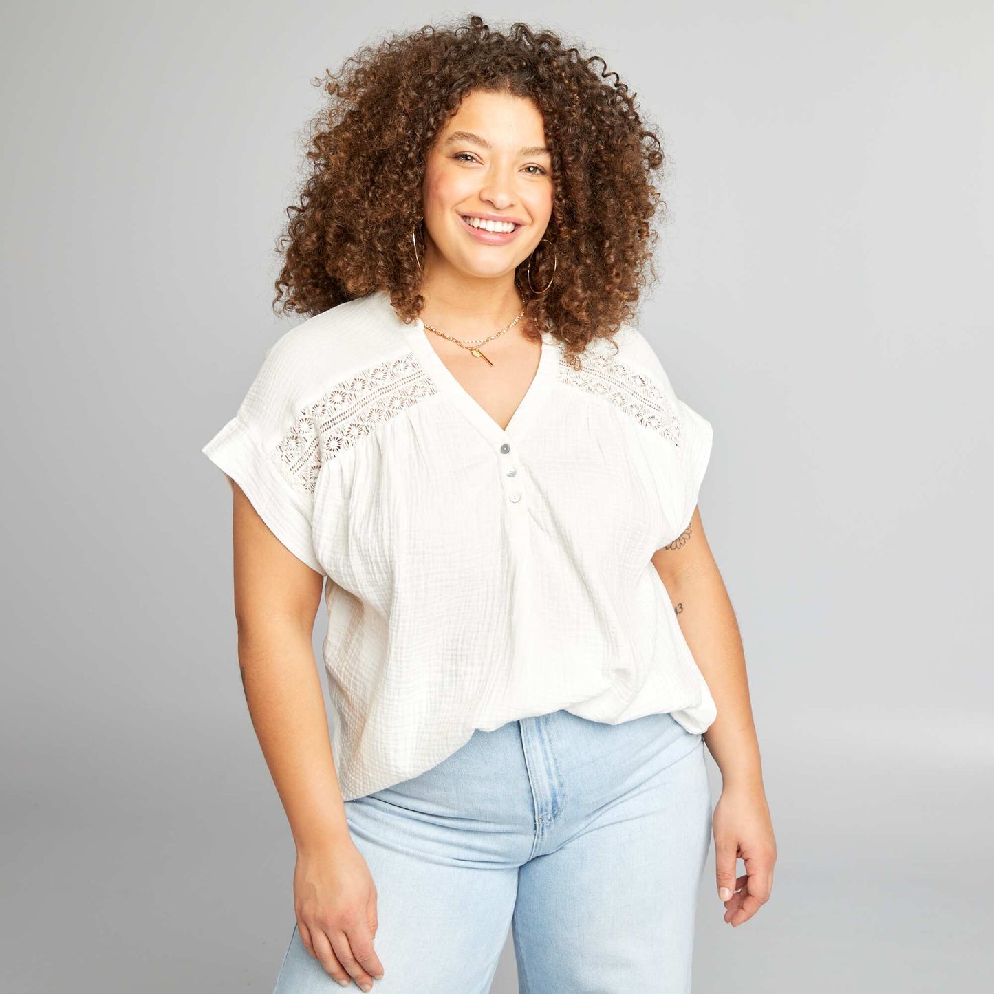 Blouse en gaze de coton   manches courtes blanc