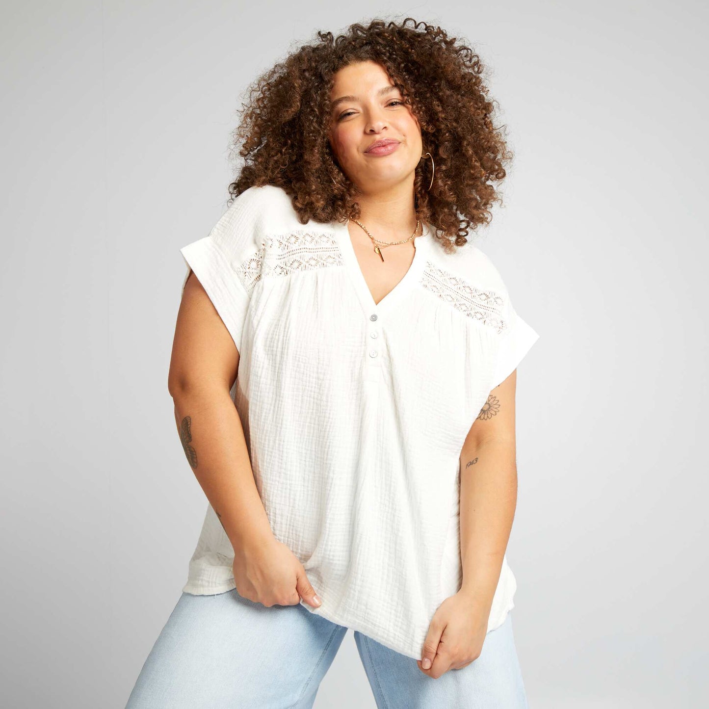 Blouse en gaze de coton   manches courtes blanc