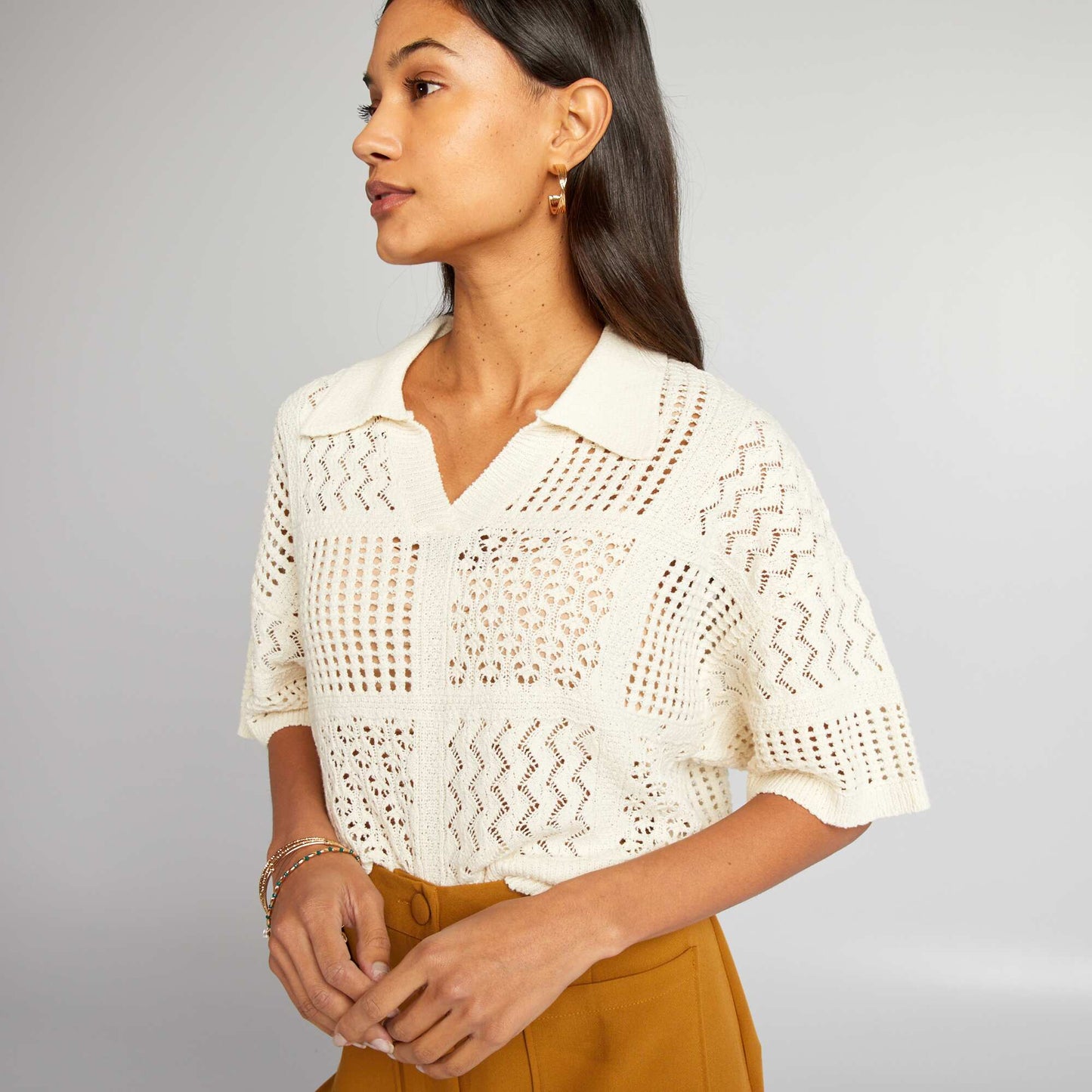 Pull crochet avec col polo Beige