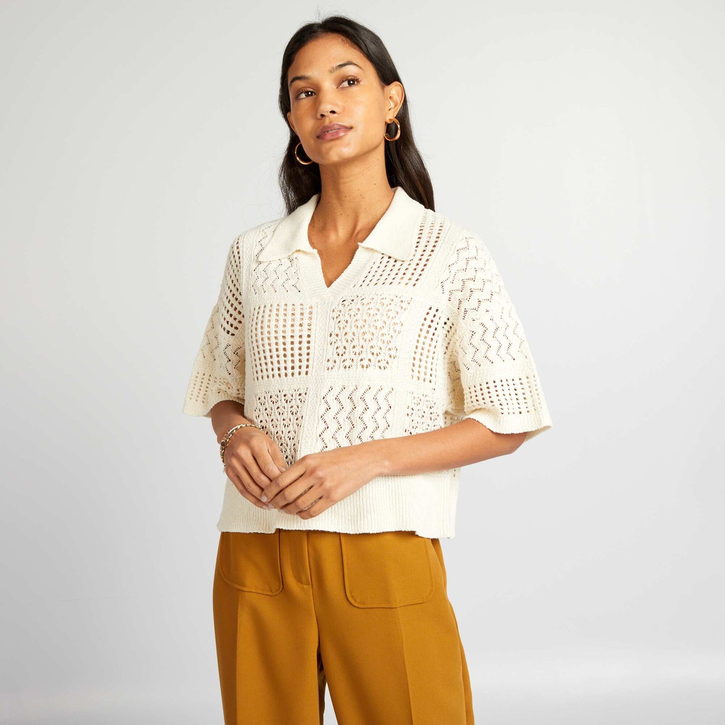 Pull crochet avec col polo Beige