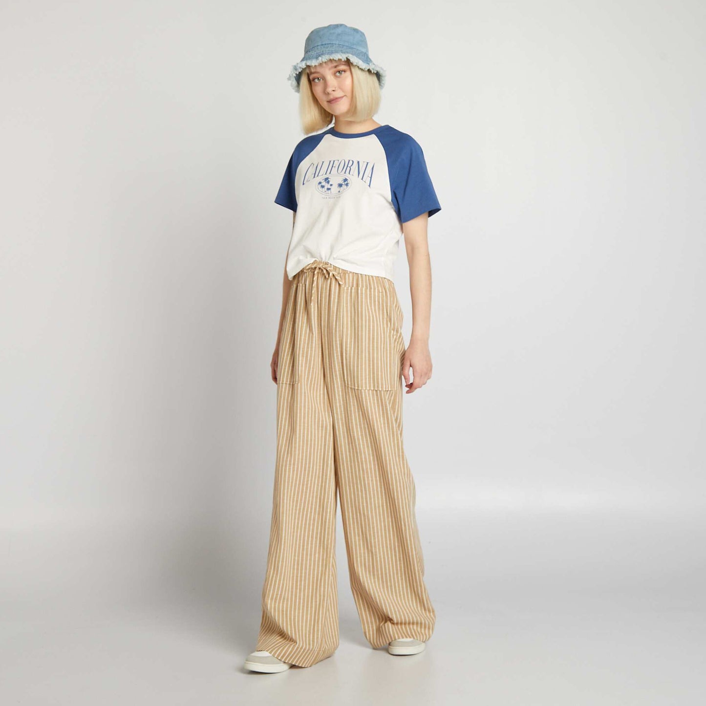 Pantalon en lin large Beige/blanc