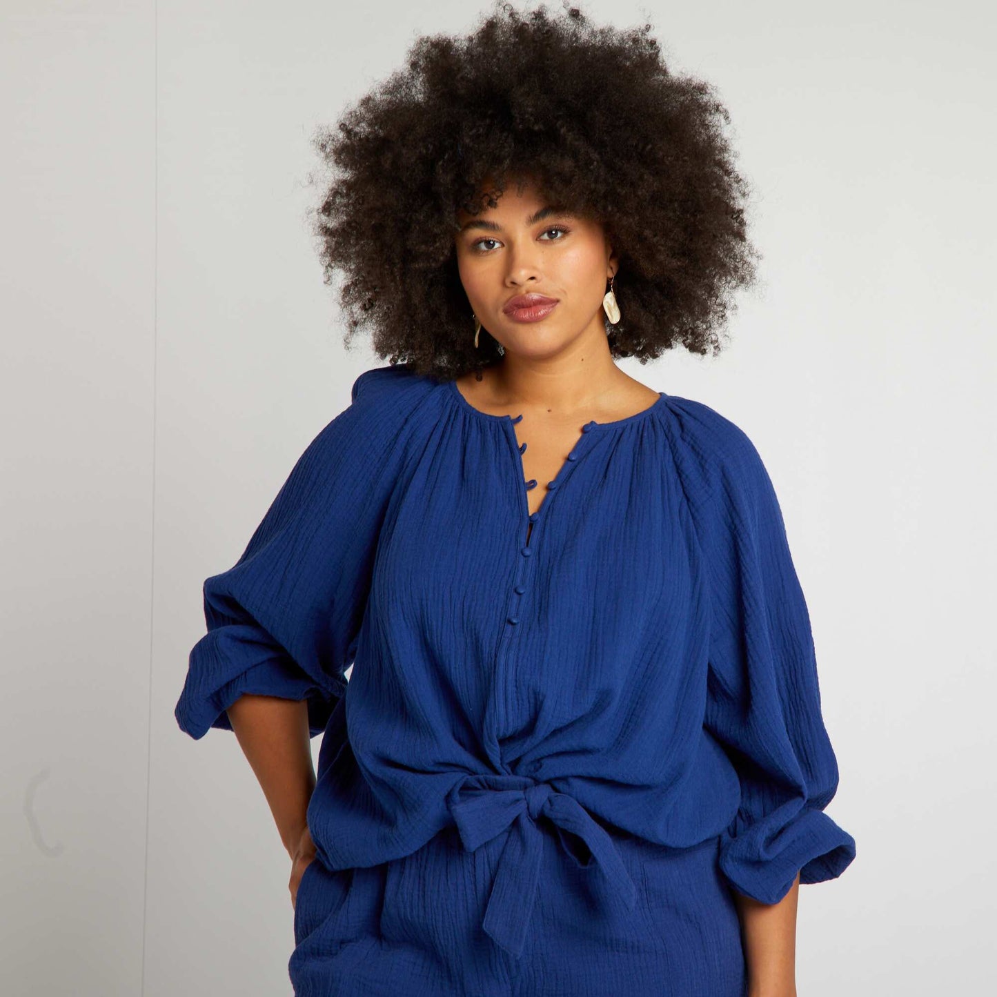 Blouse unie en gaze de coton Bleu