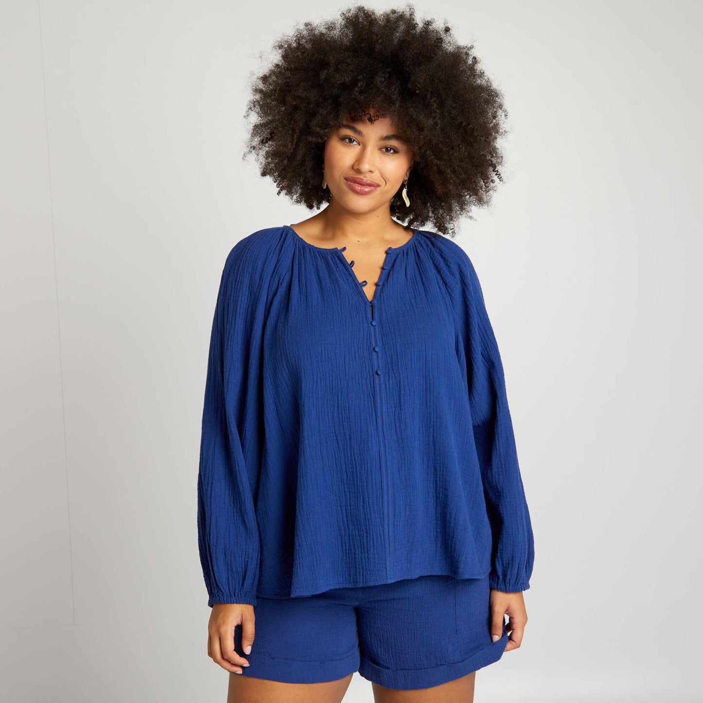 Blouse unie en gaze de coton Bleu