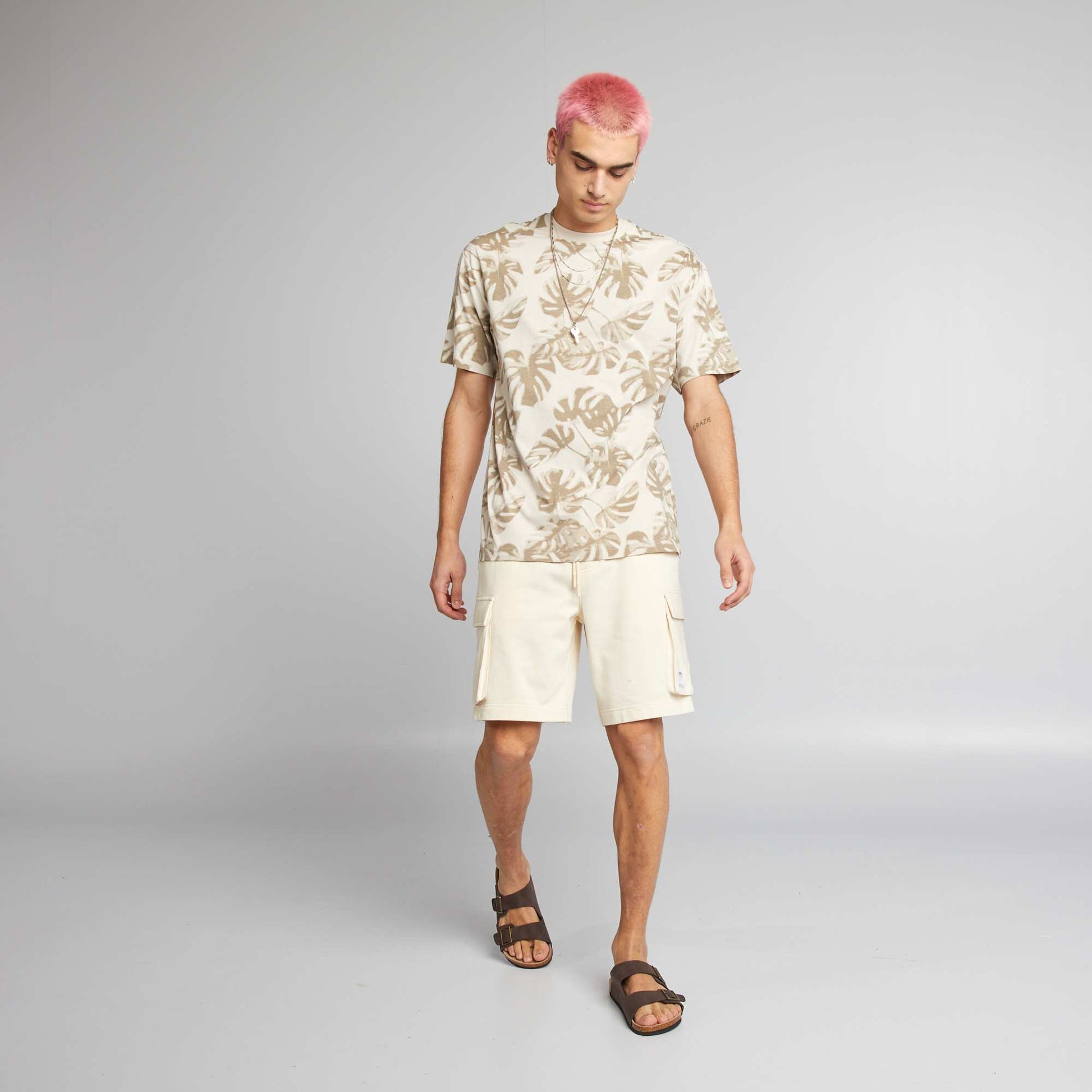 T-shirt col rond avec imprim Beige 'feuilles'