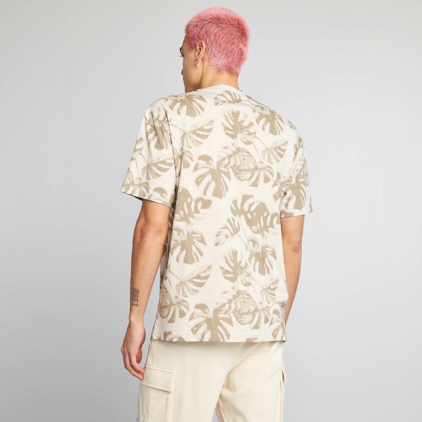 T-shirt   col rond avec imprim  Beige 'feuilles'