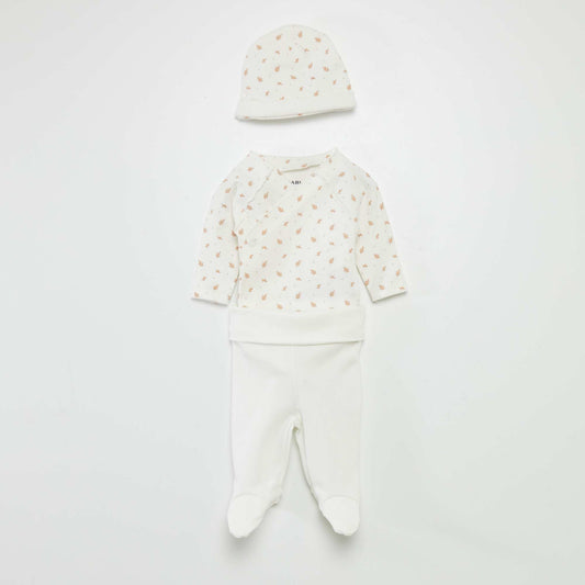 Ensemble body + pantalon avec pieds + bonnet Blanc 'feuille'