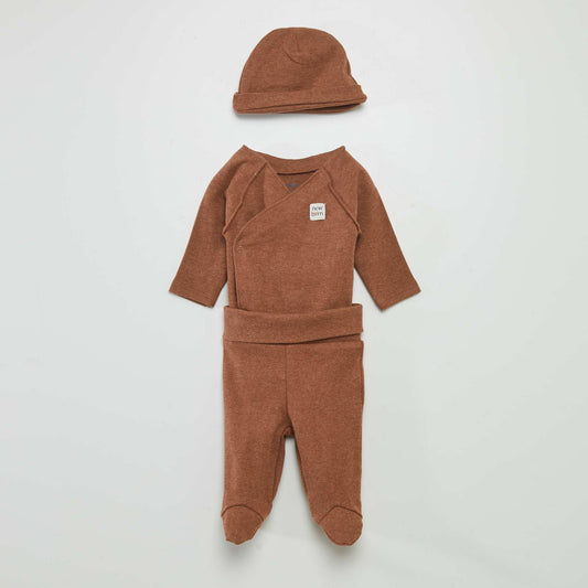 Ensemble body + pantalon avec pieds + bonnet Marron