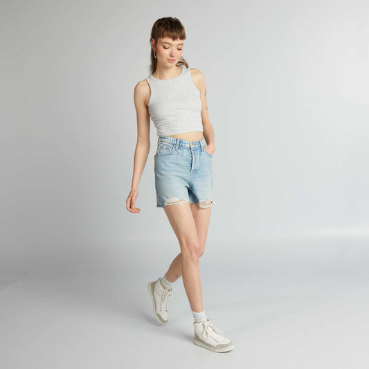 Short en jean destroy taille haute Bleu