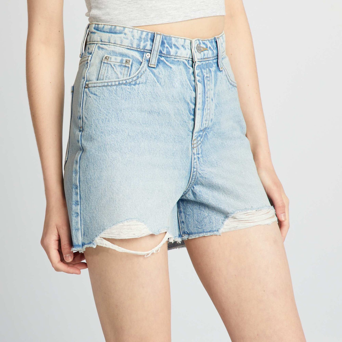 Short en jean destroy à taille haute Bleu