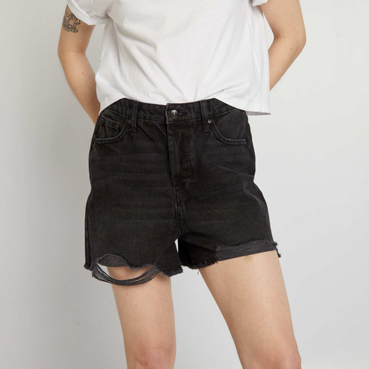 Short en jean destroy taille haute Noir