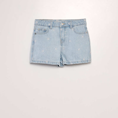 Short en jean broderies Fleurs blanches