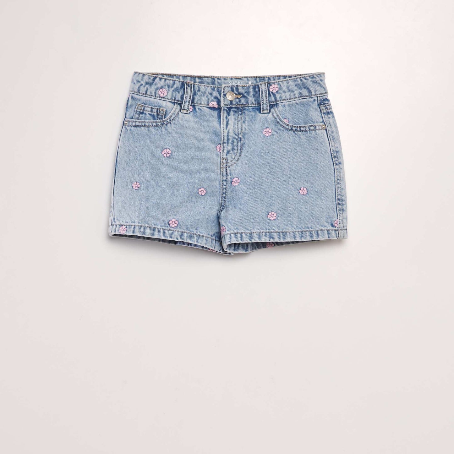 Short en jean broderies Fleurs roses