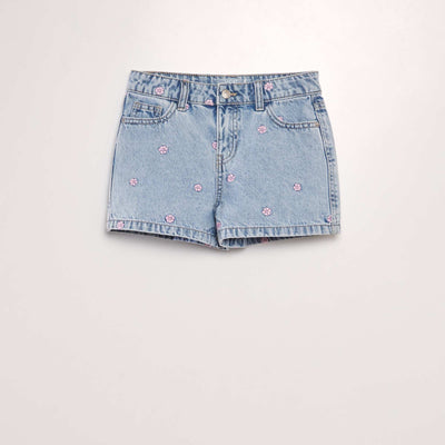 Short en jean broderies Fleurs roses