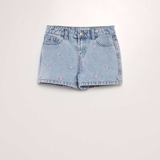 Short en jean broderies Fleurs roses