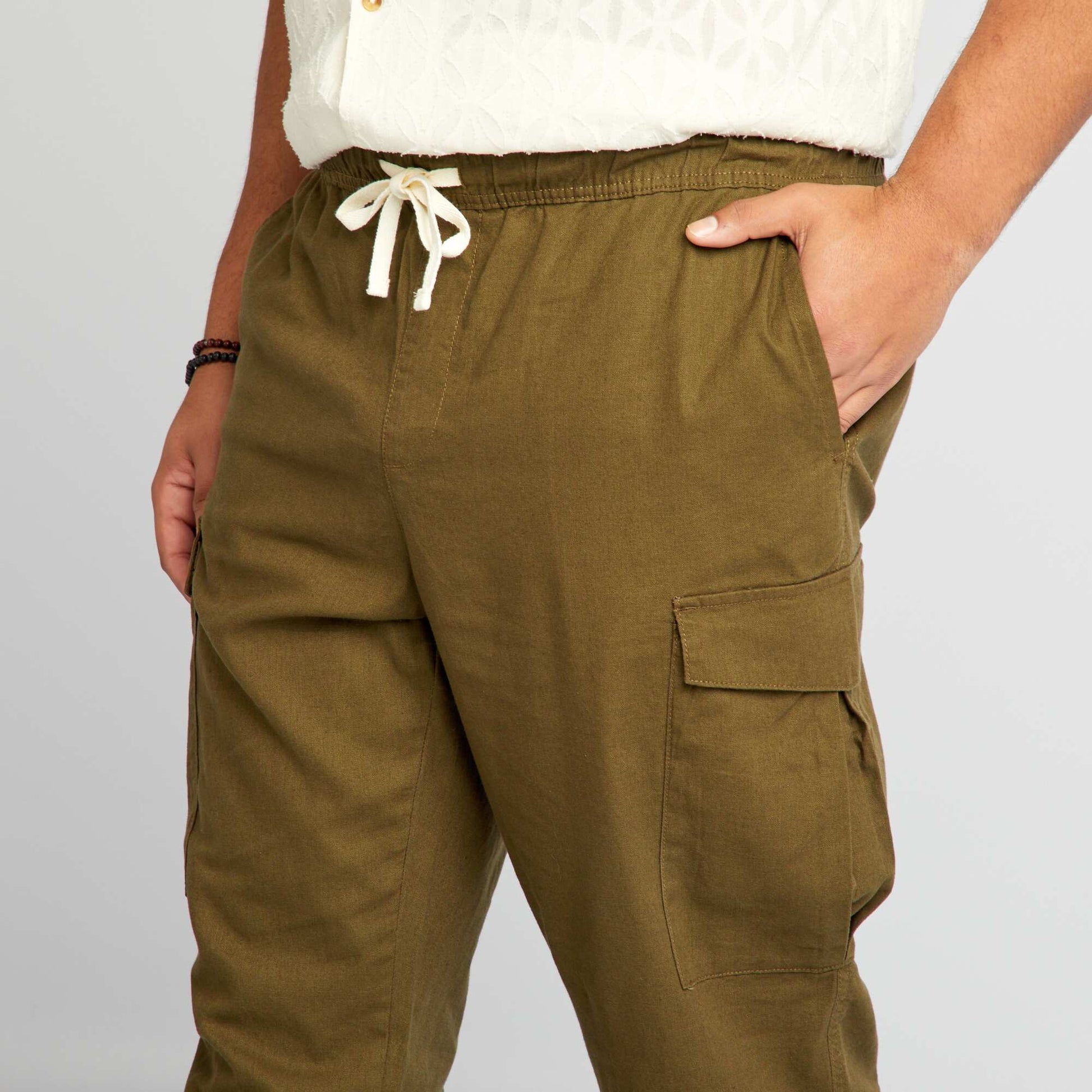 Pantalon multipoche en lin m lang Kaki