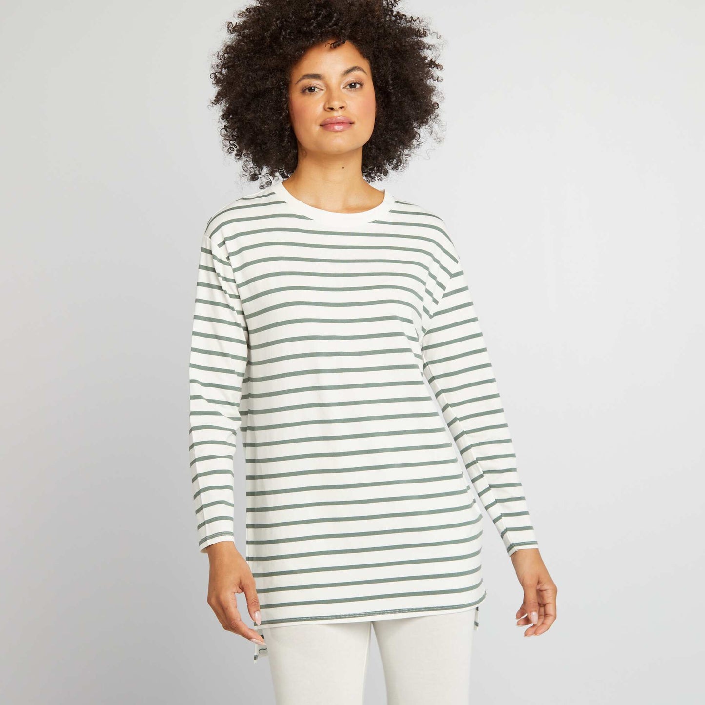 Tee-shirt long fluide Blanc ray