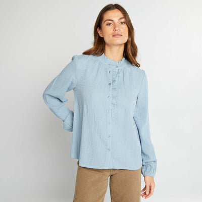 Chemisier volants en double gaze de coton Bleu
