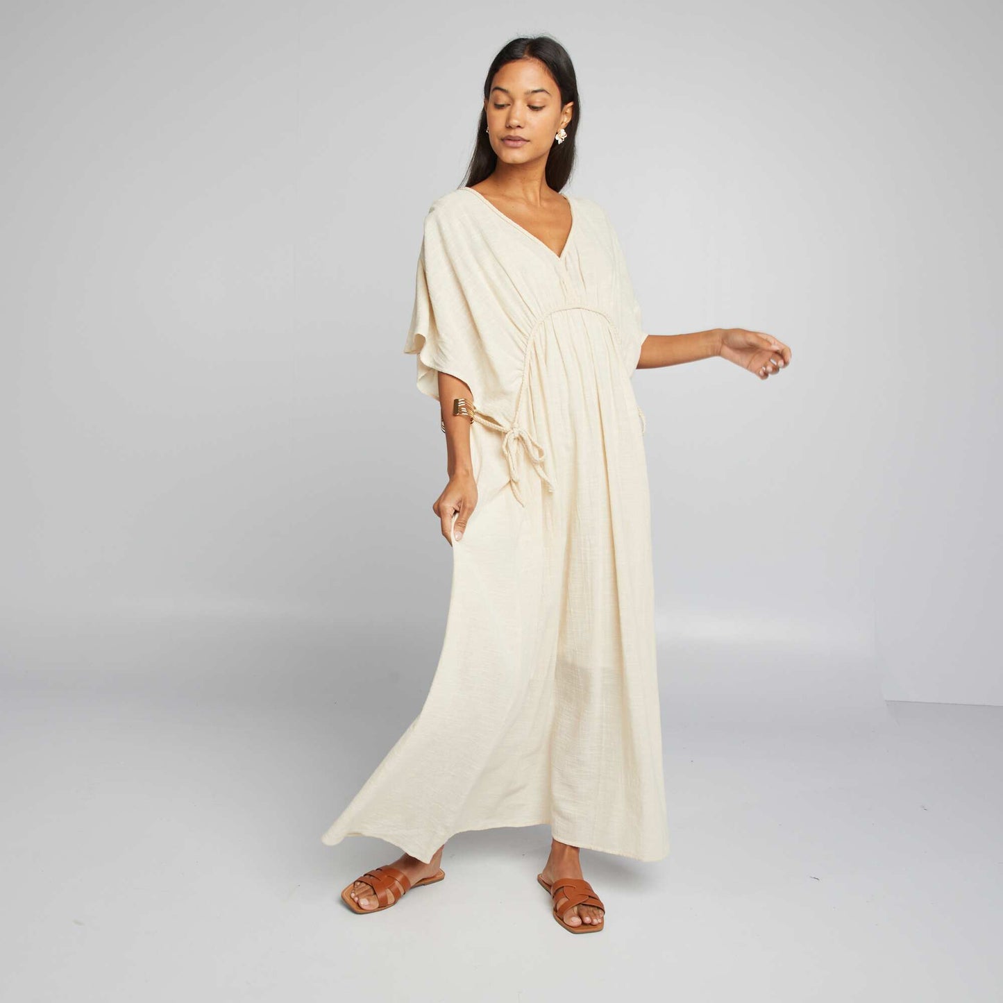 Robe longue en double gaze de coton Beige