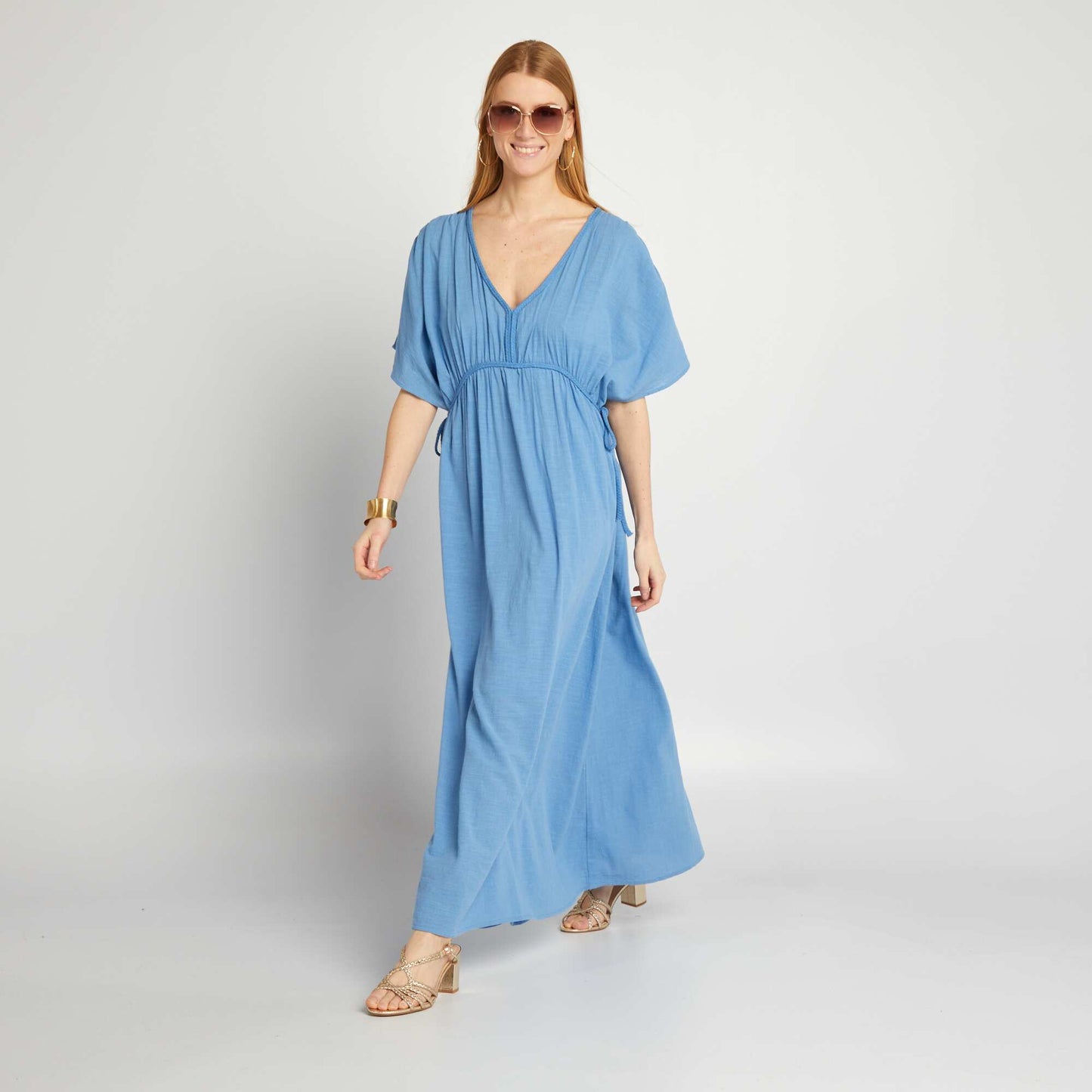 Robe longue en double gaze de coton bleu