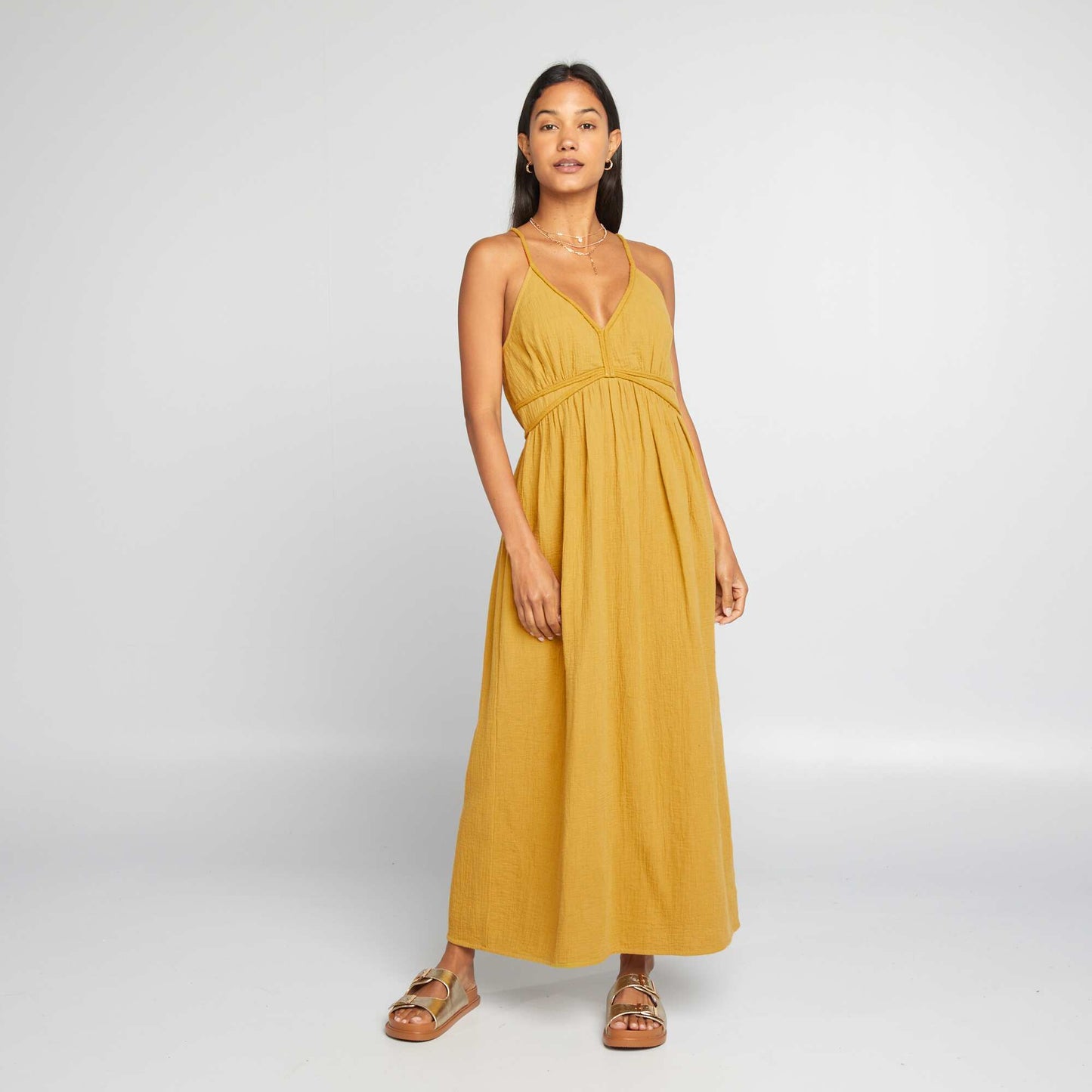 Robe longue en gaze de coton jaune