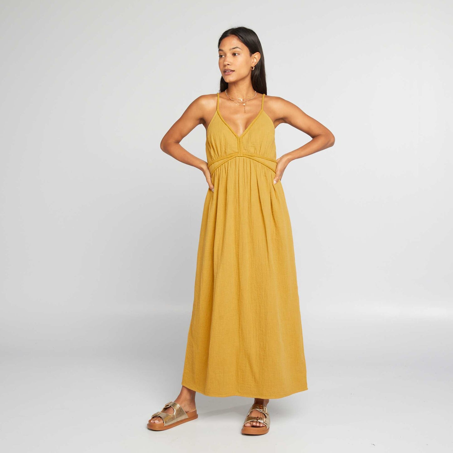 Robe longue en gaze de coton jaune