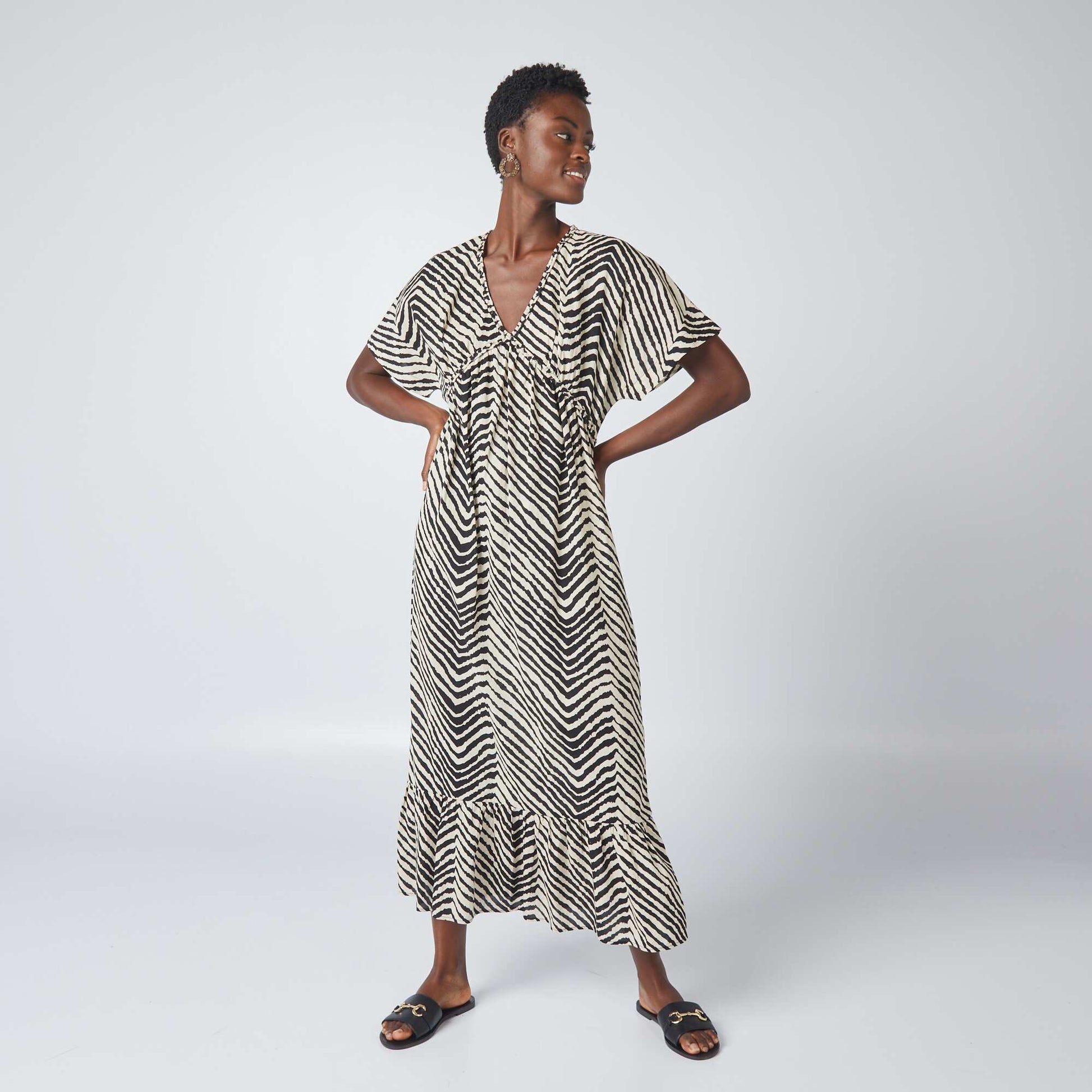 Robe maxi imprim e en voile de coton Blanc/bleu