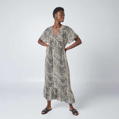 Robe maxi imprim e en voile de coton Blanc/bleu