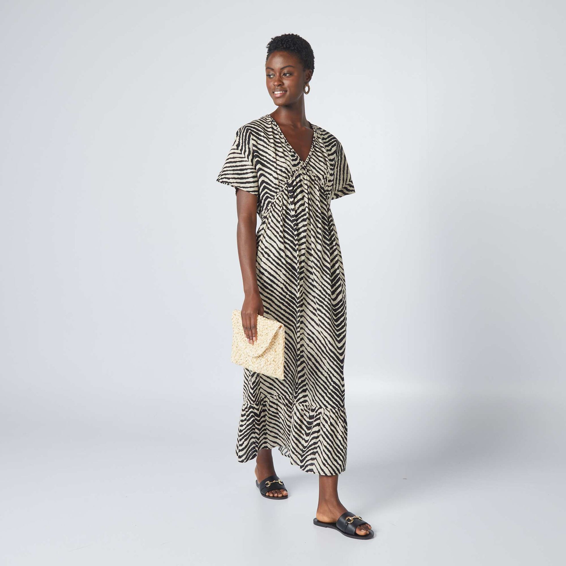 Robe maxi imprim e en voile de coton Blanc/bleu