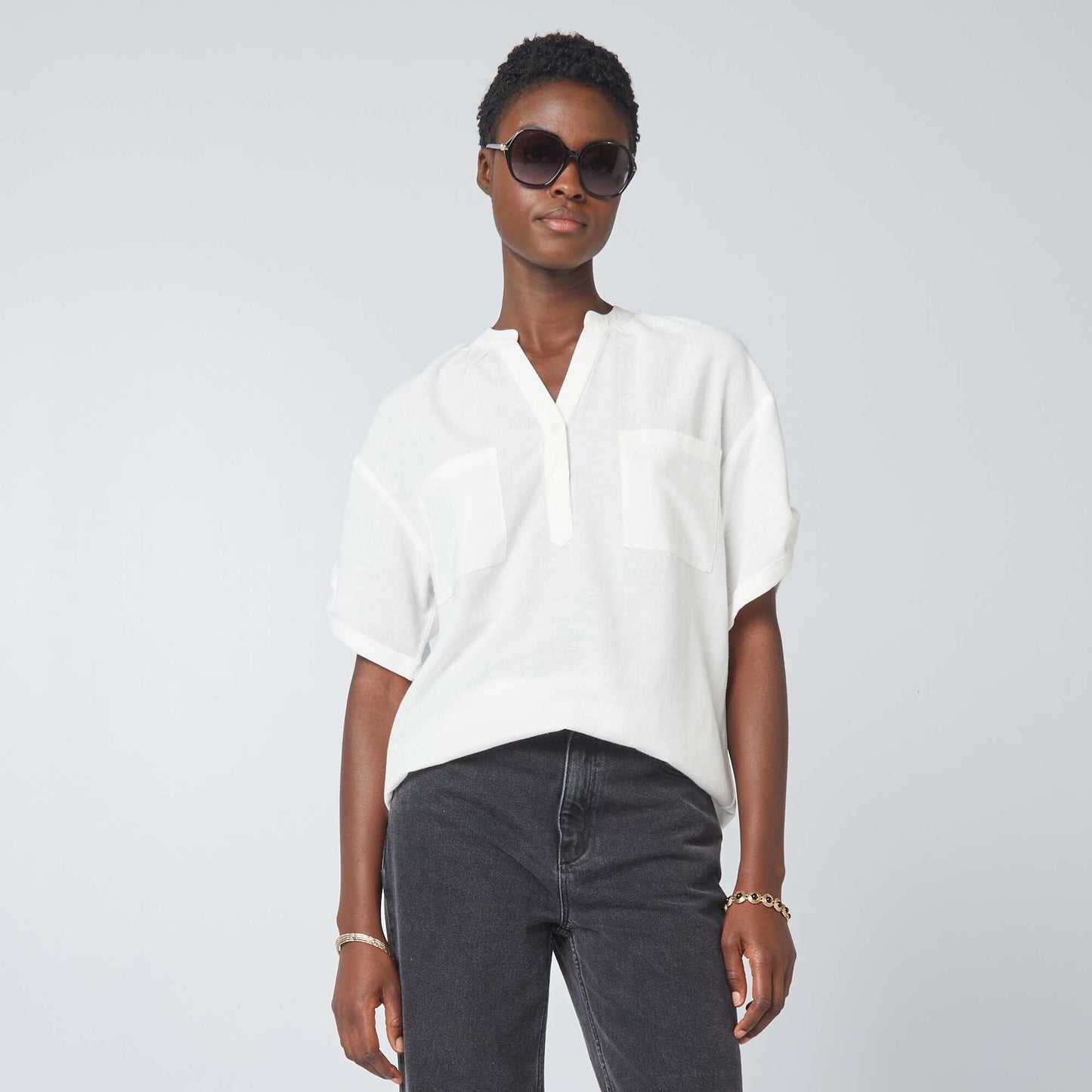 Blouse ray e en lin m lang  blanc