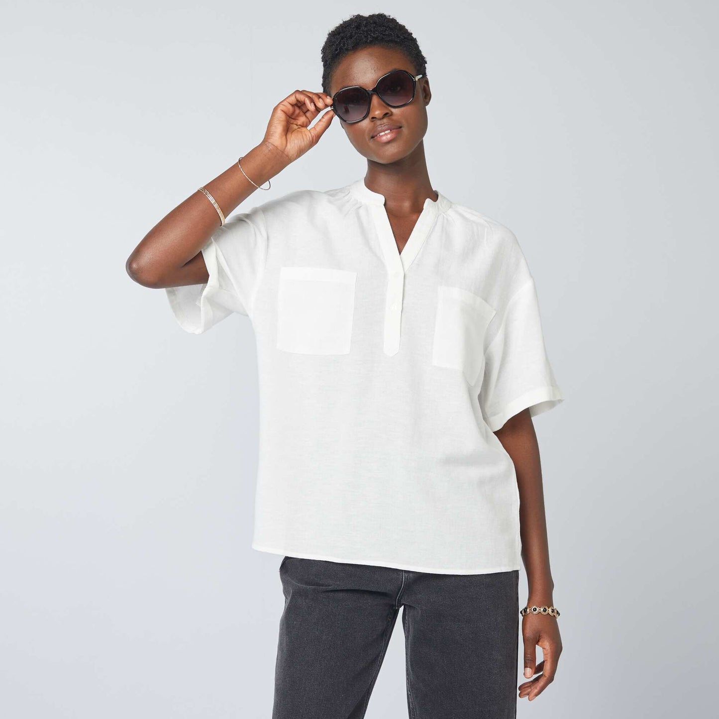 Blouse ray e en lin m lang  blanc