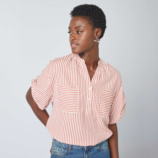 Blouse rayée en lin mélangé Rose saumon